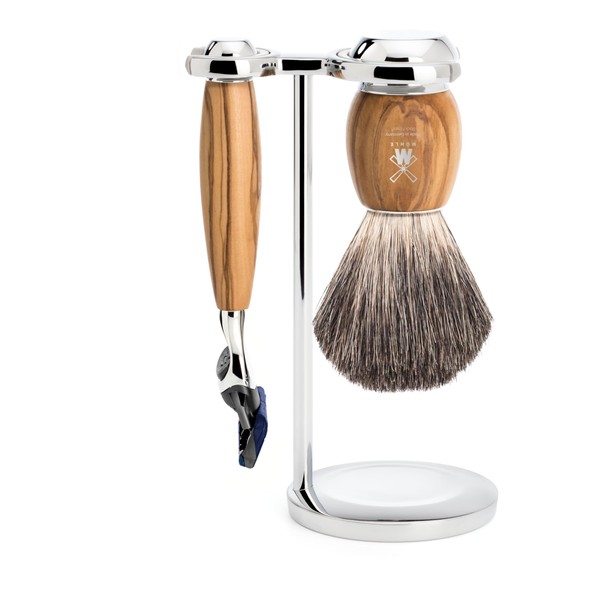 MÜHLE Vivo Shaving Set - Razor Compatible with Gillette Blades, Shaving Brush Pure Badger Hair, Holder, Olive Wood Handle