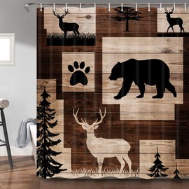 Rustic Cabin Shower Curtain for Bathroom, Bear Deer Forest Wildlife Country Lodge Bath Curtains, Hunting Camping Animal Waterproof Fabric Bathroom Accessories Set, 69x72 inch with Hooks