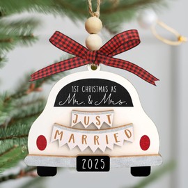 Wedding Gifts - Just Married Ornament 2025, Future Mr and Mrs Keepsake, Bridal Shower Surprise for Bride, Engagement Decor for Couples, Rustic Wooden Décor for Newlyweds, Christmas Newlywed Ornament