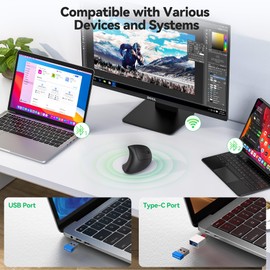 TECKNET Ergonomic Mouse, Jiggler Bluetooth Wireless Vertical Mouse, 4800 DPI Silent Mouse with 6 Adjustable DPI Levels, 2.4GHz (USB A & C) Mouse, 6 Buttons Computer Mice - Wide Compatibility