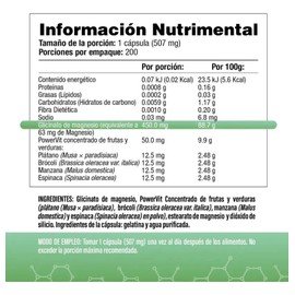 Glicinato de Magnesio  200 Cápsulas  Con Concentrado de Frutas y Verduras  SaludVida