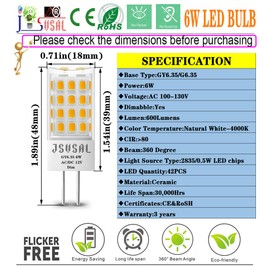 JSVSAL GY6.35 LED Bulb Dimmable, T4 JC Type GY6.35/G6.35 Bi-pin Base,AC 120V Natural White 4000K,6W Equivalent to 50-65W G6.35/GY6.35 Halogen/Xenon/Incandescent Replacement Bulb,4-Pack