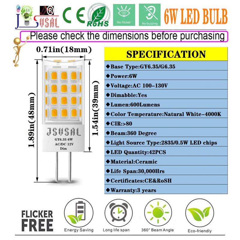JSVSAL GY6.35 LED Bulb Dimmable, T4 JC Type GY6.35/G6.35 Bi-pin