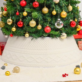 Atawlege Knitted Christmas Tree Collar White, 28 Inch Round Christmas Tree Skirt, Boho Xmas Tree Ring for Home Decoration, Foldable Stand Base Cover for Xmas Artificial Tree