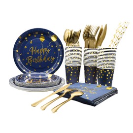 Serve 25 Guests 200 PCS Disposable Blue and Gold Happy Birthday Plates and Napkins Party Supplies Blue Birthday Party Decorations Sets with Knife Fork Spoon (Blue)