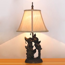 L-Juicwe Table Lamp Mid-Century Yellow Fabric Desk Reading Light with Antique Resin Sculpture Metal Leaf Base 21.75 Inch Tall Decor for Living Room Office Bedroom