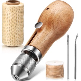 5 Pieces Sewing Awl Kit, Leather Sewing Awl Stitching Leather Craft Awl with Needles (Straight and Bent), Coil and 200 Meters Waxed Threads for DIY Leather Craft Supplies