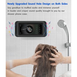 Waterproof Shower Phone Holder with 360° Rotation, Angle Adjustable, Enhanced Sound Quality, Wall Mounted Phone Holder for Bathroom Mirror Bathtub Kitchen, Up to 7 Inch (Black)
