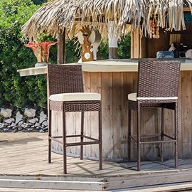 Outdoor Bar Stools Wicker Woven Patio Stools & Patio Bar Chairs Set of 2 Counter Bar Height Stools with Footrest Armless Cushion Beige All Weather Rattan Garden Stool for Pool Lawn Porch Backyard