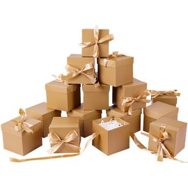 Jaywayang 15Pcs Small Gift Boxes with Lids, Squared Gold Boxes with Ribbon for Wedding, Birthday Party Favor, Mother's Day, Fathers Day, Christmas, New Year Present Packing (4”×4”×4")