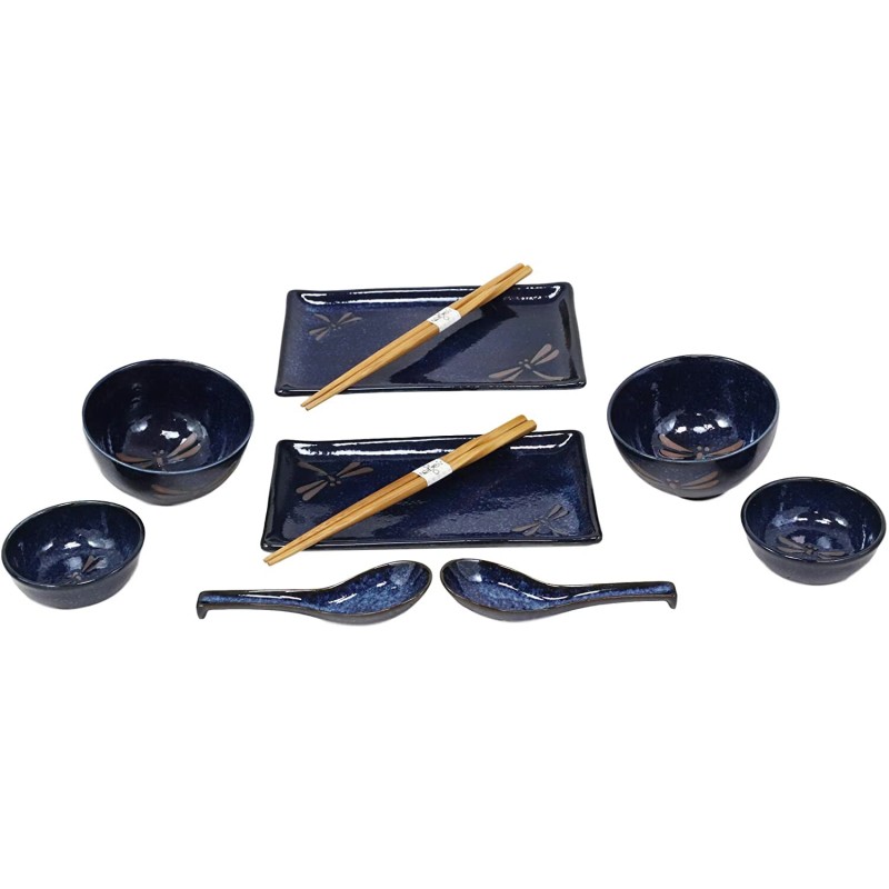 Japanese Pair Of Dragonfly Blue Motif Ceramic Sushi Dinnerware 10pc