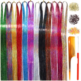 HandWig Hair Tinsel Tools Kit,Fairy Hair Strands for Women & Girls,Easy Apply Hair Highlights for Party, Festival & Daily Use (12 Colors+Tools, 47 Inches)