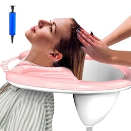 Mineup Inflatable Hair Wash Basin, Portable Hair Washing Basin, Hair Washing Aids for Disabled,Foldable Hair Shampoo Basin with Adjustable Neck Strap for Pregn with Air Pump and Drainage, Pink