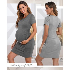 Riyiper 3 Pack Women's Maternity Dresses, Short Sleeve Cotton Pregnancy Dress Side Ruched Crew Neck Knee Length Mama Clothes(Black, Light Gray, Dark Gray,Small)