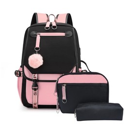School Backpack for Girls Color-block School Bag with Lunch Box Pencil Case Set 3PCS Girls Backpack for School Kids Bookbag with USB Charging Port