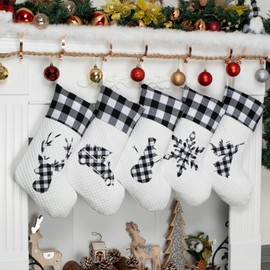 LUBOT Set of 5 Christmas Stocking(20inch) Silhouette Buffalo Black Plaid/Rustic/Farmhouse/Country Cotton Fireplace Hanging Xmas Stockings Decorations for Family Holiday Season Decor
