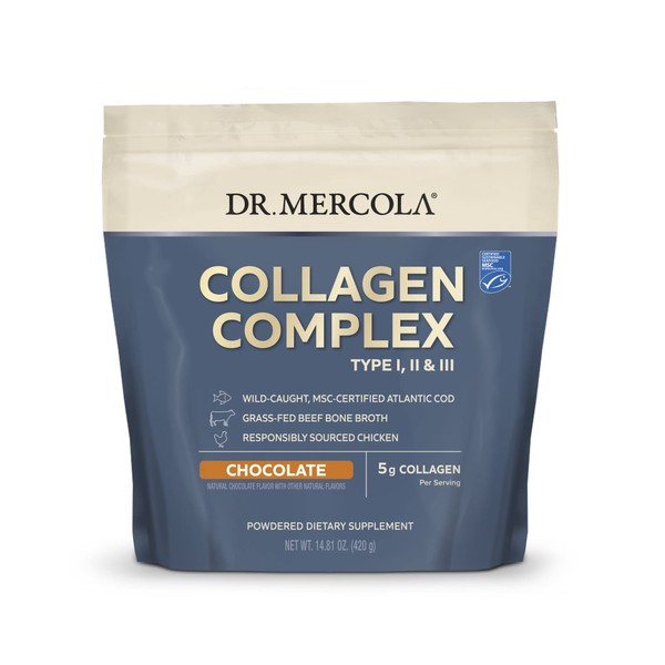 Dr. Mercola Collagen Complex Powder - Chocolate, 30 Servings (30 Scoops), (14.81 oz. per Bag), Non GMO, Soy Free, Gluten Free