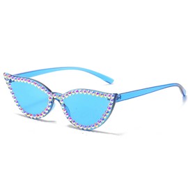 Diamond Cat Eye Sunglasses Fashion Crystal Rhinestone Vintage Frame Brand Design Sun Glasses Retro for Female UV400 (blue)