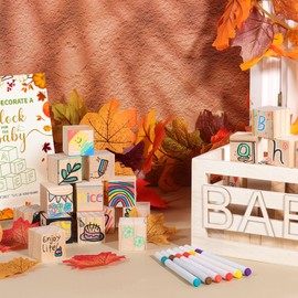 Fall Baby Shower Games Sign Kit Including 57 Wooden Blank Blocks, 12 Marker, A Boy and Girls Block Game Sign and A Blocks Box for Baby Shower Games Prizes, Gender Reveal Party Games Favors