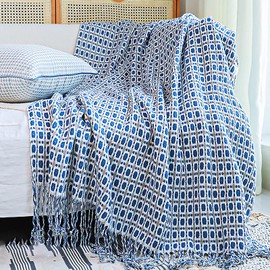 LumiSyne Knitted Throw Blanket Tassels Houndstooth Bohemian Check Soft Cozy Woven Blanket Sofa Throws Warm Armchair Cover Decorative Blanket For Couch Bed Settee 170x130cm