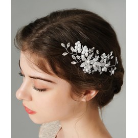 Teyglen Leaf Bride Wedding Hair Comb Rhinestone Pearl Bridal Hair Piece Gold Silver Flower Hair Side Comb Flower Crystal Headpiece Hair Accessories for Women Girls (Gold)