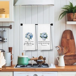 Voatok Chinoiserie Christian Kitchen Towels Set of 2, Blue and White Chinoiserie Hydrangea Floral Hand Towels for Bathroom, Bible Verse Decor Dish Tea Towels for Kitchen, 16x24 Inches