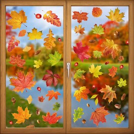 YUJUN 6 Sheets Thanksgiving Fall Window Clings, Maple Leaves Pine Cones Window Decals Stickers for Autumn Glass Home Decor and Thanksgiving Fall Window Decoration