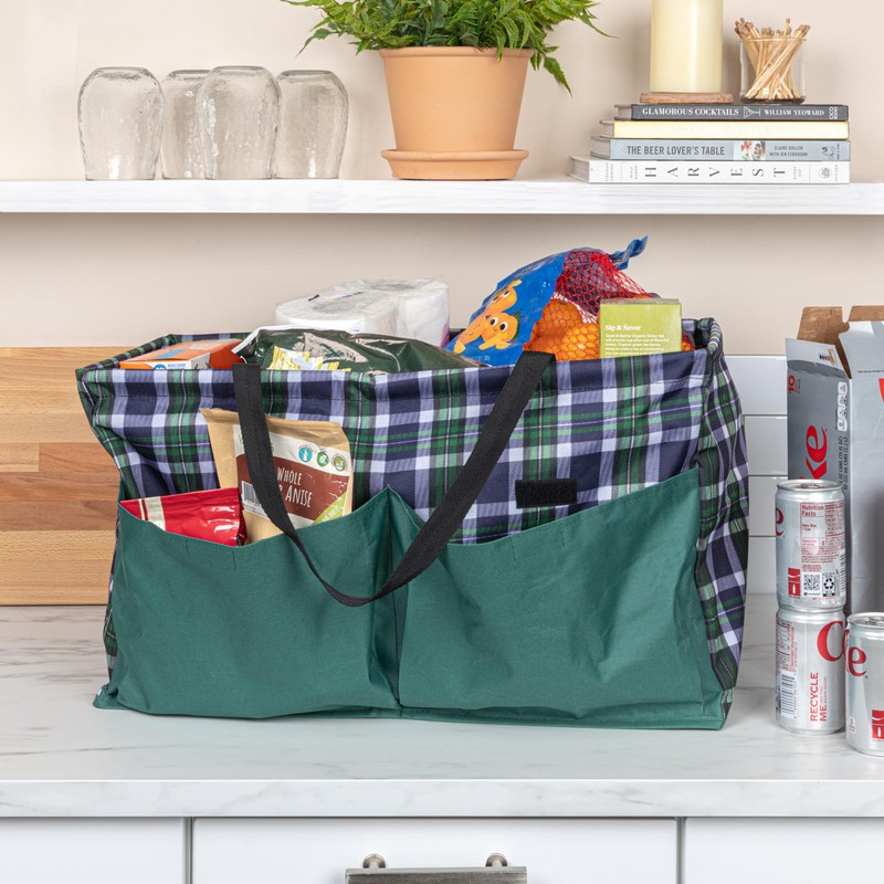Household Essentials Plaid Utility Tote with Handles, Rectangular Krush Tote,