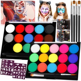 ZZXLOPEZ Children's Make-Up Set, Face Paint, Children's Make-Up, 15 Colours, Neon UV Make-Up Colours, Face Paints, Body Paint with 30 Colours, 40 Tattoo Templates, Children's Make-Up for Fancy Dress,