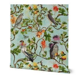 Removable Wallpaper Swatch - Vintage Birds Falcon Hawk Watercolor Chinoiserie Antiqued of Prey Blue Green Botanical Custom Pre-Pasted Wallpaper by Spoonflower