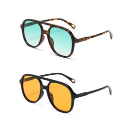 Pro Acme Retro Square Polarized Aviator Sunglasses for Womens Mens 70s Vintage Double Bridge Sun Glasses UV400 Protection（Brown Tortoise/Gradient Blue+Black/Yellow Tint）