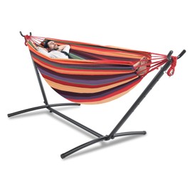 Double Hammock Comfortable with Stand for Hanging Sturdy 440lbs Capacity Hammock for Camping Outside Garden Outdoor Indoor Patio Backyard, Rainbow