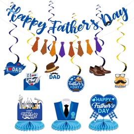 Arosche Fathers Day Decorations Banner Hanging Swirls Honeycomb Centerpieces Pre-Assembled Happy Father's Day Hanging Banners Garlands Swirls Centerpieces Party Decorations for Mantle, Ceiling, Table