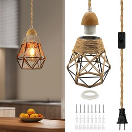 Industrial Hemp Rope Pendant Light Fittings, 16.7FT Vintage Wood Pendant Light Cord Kit with 14x16 cm Metal Lampshade, Rustic Hanging Lights with Plug in Cord, E26 E27 Light Socket, for Living Room