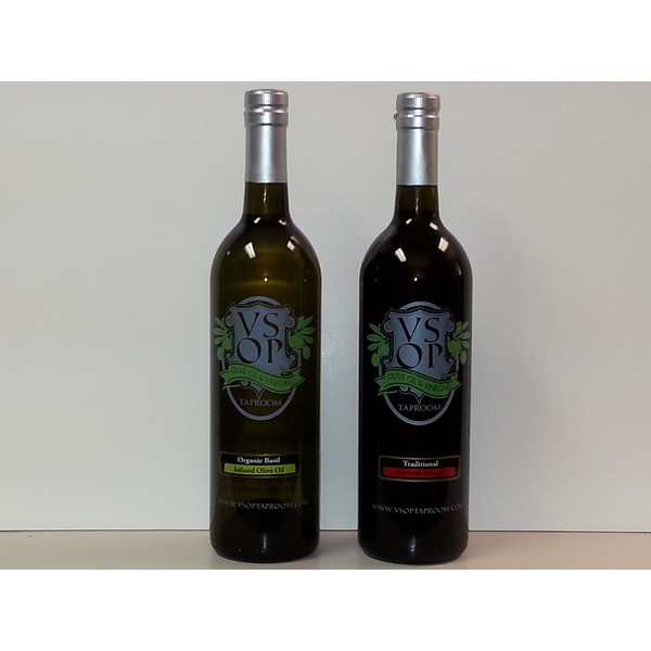 VSOP Organic Basil Infused Extra Virgin Olive Oil & Traditional 18yr Aged Dark Balsamic Vinegar of Modena (2 Bottle) Combo Pack (750 ml / 25.36 oz)
