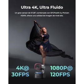 OBSBOT Tiny 3 Audio Espacial Webcam 4K, Seguimiento AI PTZ camara web y sensor de 1/1,28",Tri-Mic,control por voz y gestos,120 FPS,HDR,camara web para