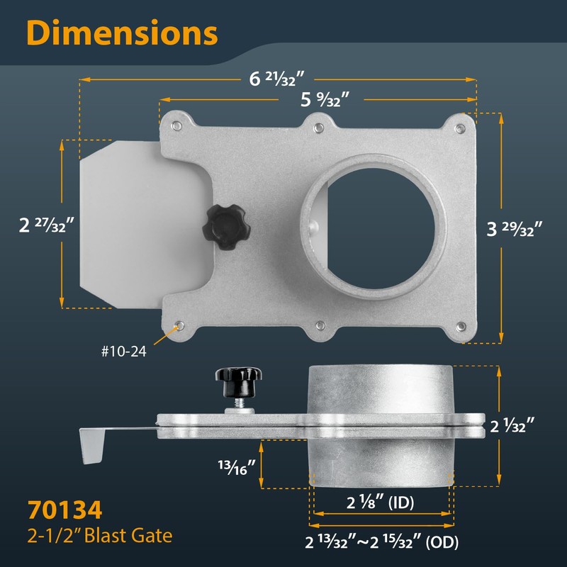 POWERTEC 70134-P6V 2-1/2-Inch Blast Gate for Vacuum/Dust Collector, 6 PK