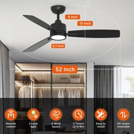 TALOYA 52 Inch Ceiling Fans with Lights Led Remote Control Flush Mount Low Profile for Bedroom Farmhouse Patio Outdoor Living Room Dining Room,DC Motor,Reversible,3 Color Temperatures,Black,2 Pack