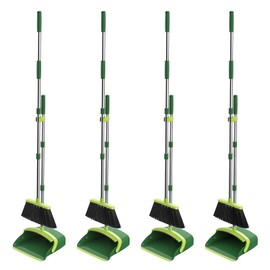 Broom and Dustpan Set, 52-in Long Adjustable Handle Broom Dustpan Combo with Dust pan Teeth to Automatically Clean Hair Suitable for Home Kitchen Office Hall Floor (Green), 4 Pack