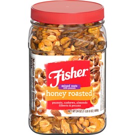 Fisher Snack Honey Roasted Mixed Nuts with Peanuts, 24 Ounces, Peanuts, Cashews, Almonds, Filberts, Pecans