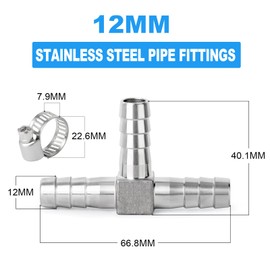 ERGAOBOY Pack of 2 12 mm Hose Nozzle Fittings, 304 Stainless Steel 3-Way T-Piece T-Shape Joint Splicer Patcher Fitting Union for Fuel/Air/Lquid/Gas