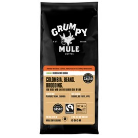 Grumpy Mule Organic Colombia Café Equidad Whole Coffee Beans with tastes of Hazelnut, Caramel & a hint of Red Fruits 500 g