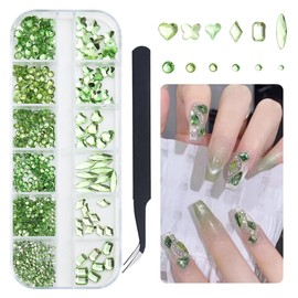 SUTOKAKA 3D Crystal Clear Nail Art Rhinestones Kit Multi Shapes Flatback Green Rhinestones Gems Round Diamond Jewels Beads with Pickup Pen Tweezer for Face Eyes Makeup Manicure Crafting