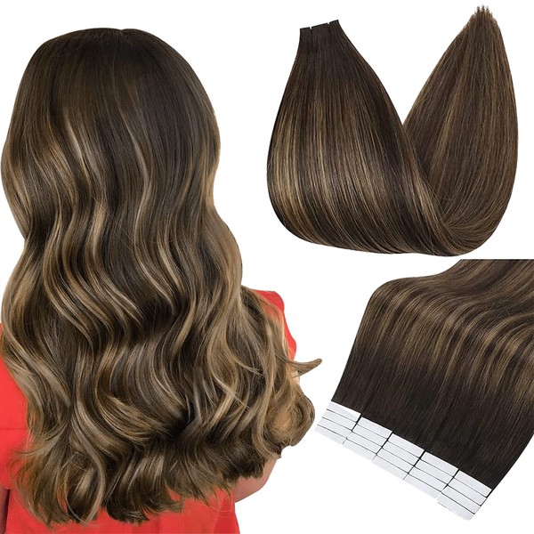 Full Shine Tape In Human Hair 16 Inch Glue On Hair Extensions 50 Gram PU Tape In Hair Extensions Straight Silky Hair Color 2 Fading to 8 Highlight 2 Darkest Brown Double Sided Tape In Hair Extensions