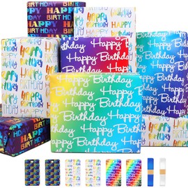 Wrapping Paper Birthday Wrapping Paper with Gradient Multi Colour "Happy Birthday" Text Design, Birthday Wrapping Paper Set Include 6 x Gift Wrapping Paper Sheets + 6 Tags + 2 rolls of ribbon, Birthday Paper for Boys Men Girls Women,Birthday Gift Wrap Pa