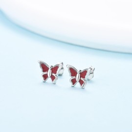 Earrings 925 Silver Stud Earrings for Women Girls Small Butterfly Red Earrings Hypoallergenic Stud Sleeper Stud for Women Jewellery, White Gold