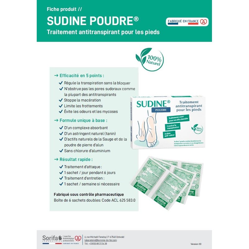 SORIFA - Sudine Puder, Antitranspirant-Behandlung, Fuß, reguliert den Schwitz, absorbiert