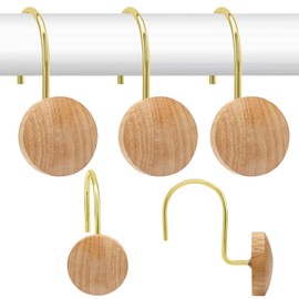 Shower Curtain Hooks, Wood Decorative Shower Curtain Rings, Modern Round Log Shower Curtain Hangers, 12PCS Shower Hooks for Shower Curtain Rod, Bedroom, Living Room (Gold 2)