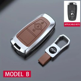 Metal Car Keycase Leather Remote Car Key Cover Key Bag Shell for Ford Edge Fusion Mustang Explorer Ecosport F150 F250 F350 Key Chain (Silver Brown)
