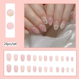Clataly 24 Pcs Cute Butterfly Fake Nails White Flower False Nail Glossy Full Cover Nails Press On False Nails (C)